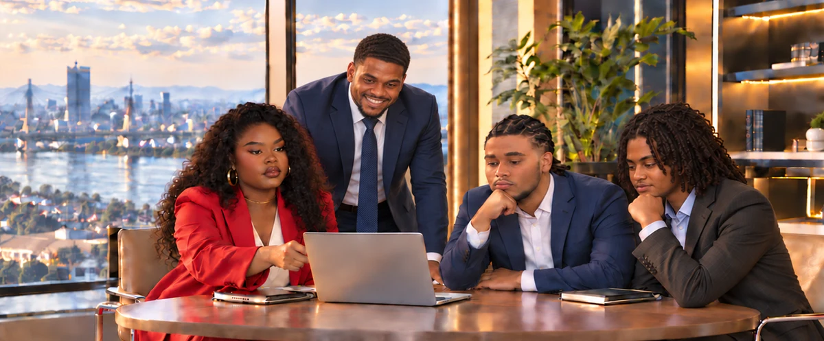 Quatre jeunes professionnels autour d'une table ronde et d'un ordinateur